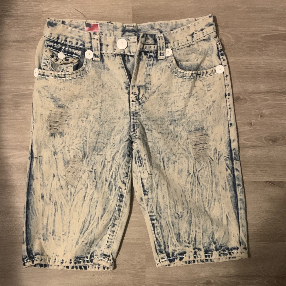 True Religion Blue and Cream Jean Shorts